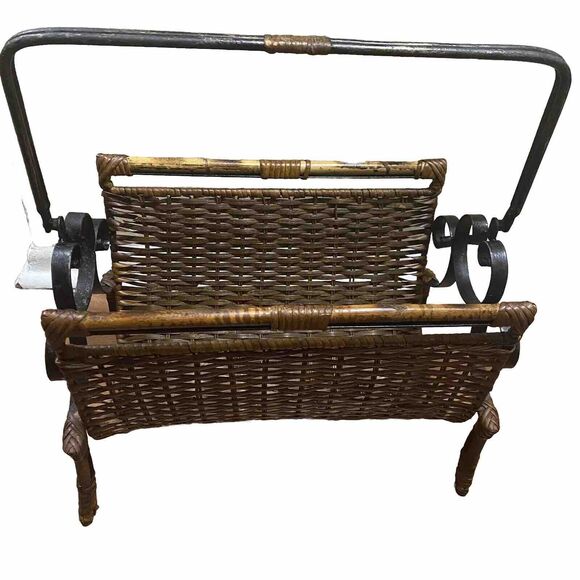 Wicker Rattan Bamboo Cane Wrought Iron Vintage Towel Magazine Rack MCM Bohemian - Picture 16 of 16